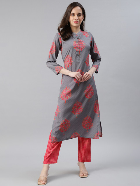 

AHIKA Women Grey & Red Printed Kurta with Trousers