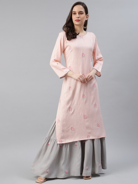 

AHIKA Women Pink & Grey Embroidered Pure Cotton Kurta with Sharara