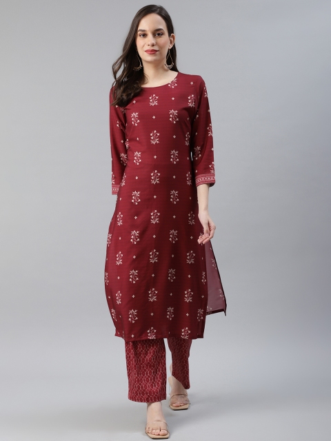 

AHIKA Women Maroon & Beige Printed Kurta with Trousers