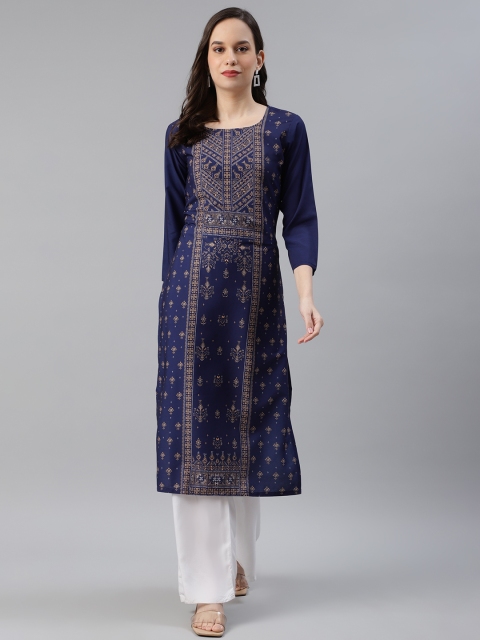 

AHIKA Women Navy Blue & Yellow Ethnic Motifs Printed Kurta