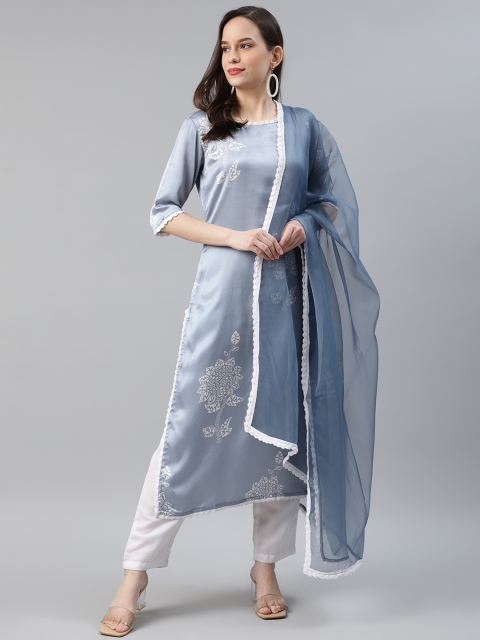 

AHIKA Women Blue & White Printed Kurta with Trousers & Dupatta