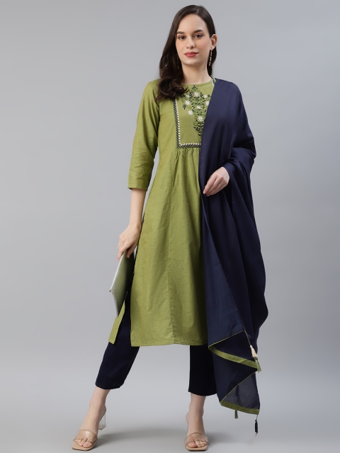 

AHIKA Women Green & Navy Blue Yoke Design Pure Cotton Kurta with Trousers & Dupatta
