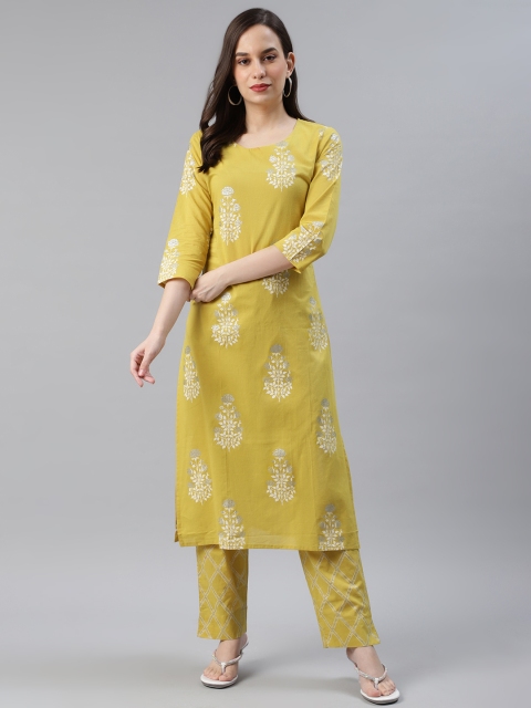 

AHIKA Women Lime Green & White Printed Pure Cotton Kurta with Trousers