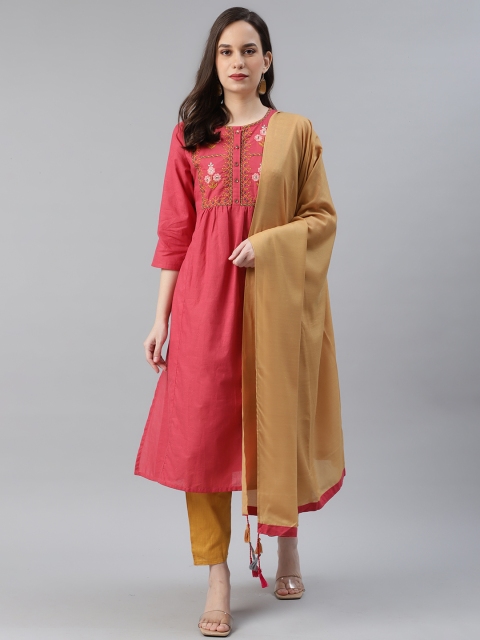 

AHIKA Women Pink & Mustard Yellow Yoke Design Pure Cotton Kurta with Trousers & Dupatta