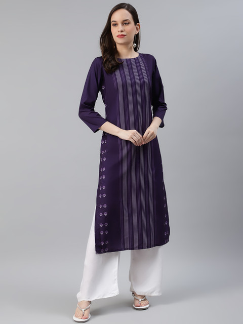 

AHIKA Women Purple & White Striped Straight Kurta