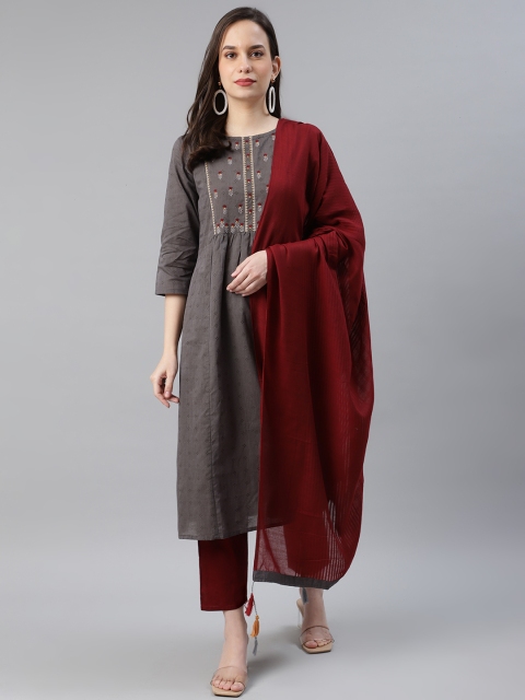 

AHIKA Women Charcoal Grey & Maroon Self Design Kurta with Trousers & Dupatta