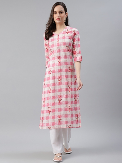 

AHIKA Women Pink & Off White Pure Cotton Checked Kurta
