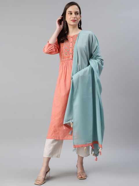 

AHIKA Women Coral Pink & Off-White Yoke Design Kurta with Trousers & Dupatta