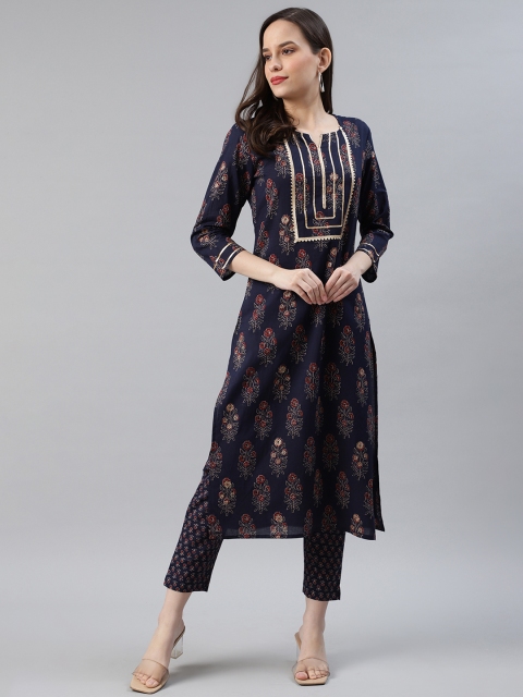 

AHIKA Women Navy Blue & Golden Printed Pure Cotton Kurta with Trousers