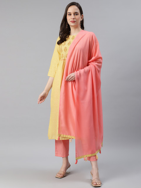 

AHIKA Women Yellow & Pink Yoke Design Pure Cotton Kurta with Trousers & Dupatta