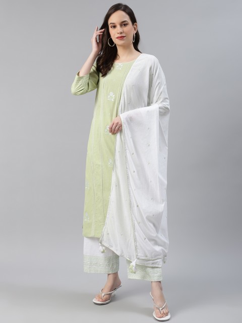 

AHIKA Women Green & White Embroidered Kurta with Palazzos & Dupatta