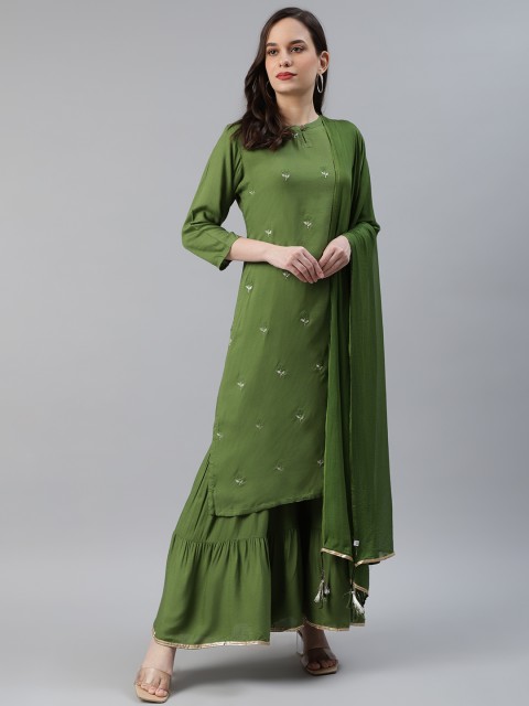 

AHIKA Women Green & Silver Embroidered Pure Cotton Kurta with Sharara & Dupatta