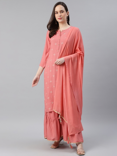 

AHIKA Women Coral Pink Embroidered Pure Cotton Kurta with Sharara & Dupatta