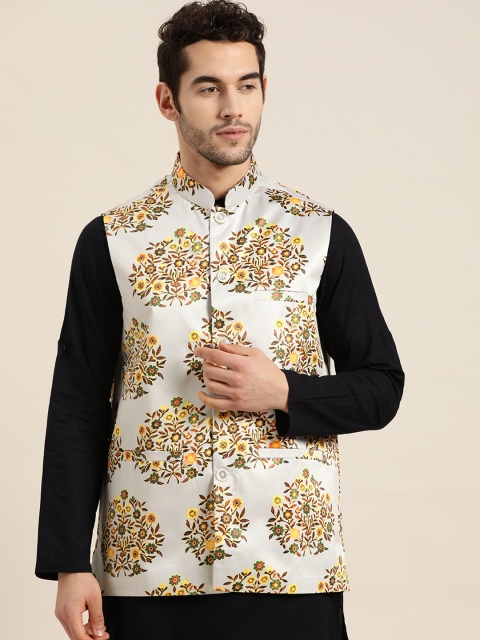 

SOJANYA Men Grey & Mustard Yellow Printed Nehru Jackets