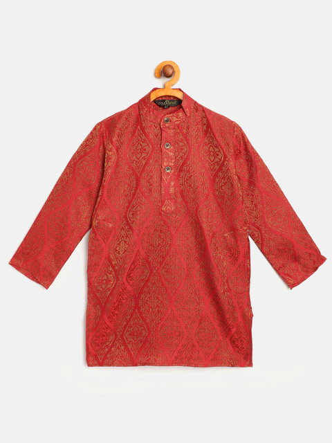 

SOJANYA Boys Red & Brown Ethnic Motifs Woven Design Jacquard Weave Band Collar Kurta