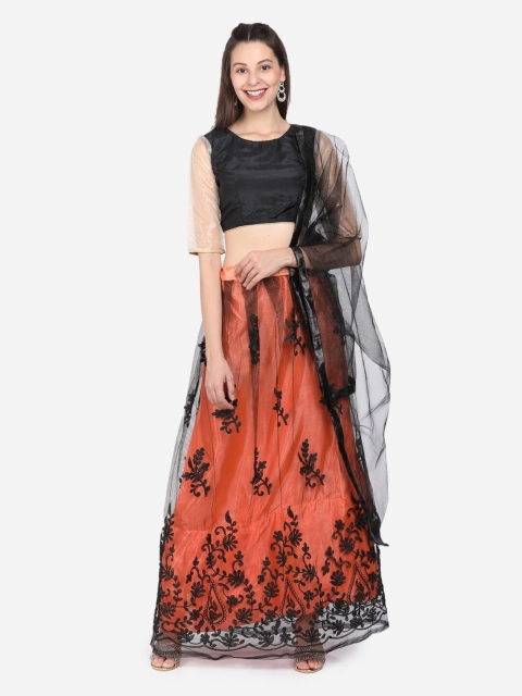 

SAADHVI Black & Orange Solid Semi-Stitched Embroidered Lehenga Choli Set
