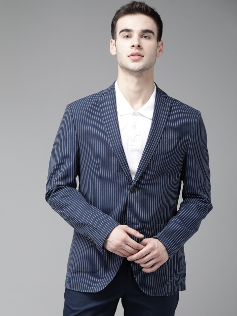

Blackberrys Men Navy Blue & White Striped Slim Fit Casual Blazer