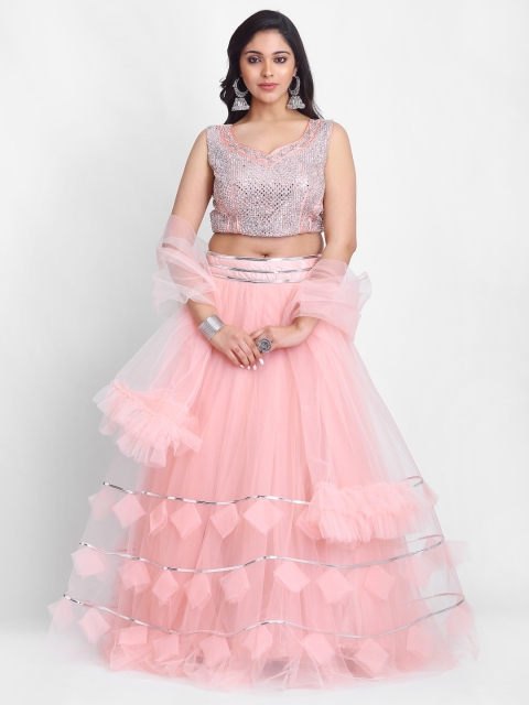 

Grancy Pink & Silver-Toned Embroidered Semi-Stitched Lehenga & Blouse with Dupatta