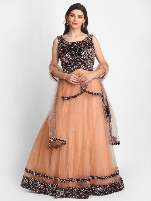 

Grancy Peach-Coloured & Gunmetal-Toned Embellished Semi-Stitched Lehenga & Blouse with Dupatta