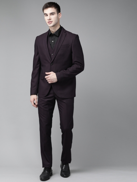 

Blackberrys Men Wine-Coloured Self-Design Slim Fit Formal 3-Piece Suit, Purple