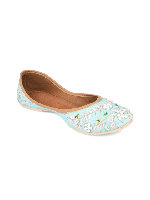 

DESI COLOUR Women Turquoise Blue Embellished Mojaris