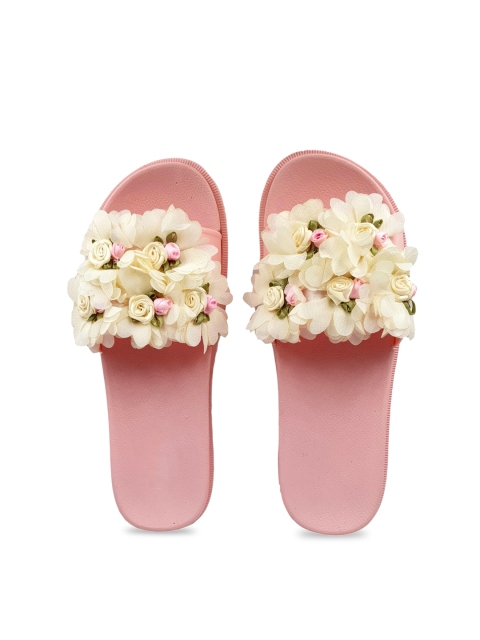

Pampy Angel Women Off-White & Pink Embellished Water-Resistant Sliders