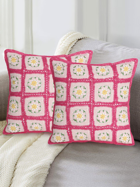 

Mezposh Pink & Cream-Coloured Set of 2 Embroidered Square Cushion Covers
