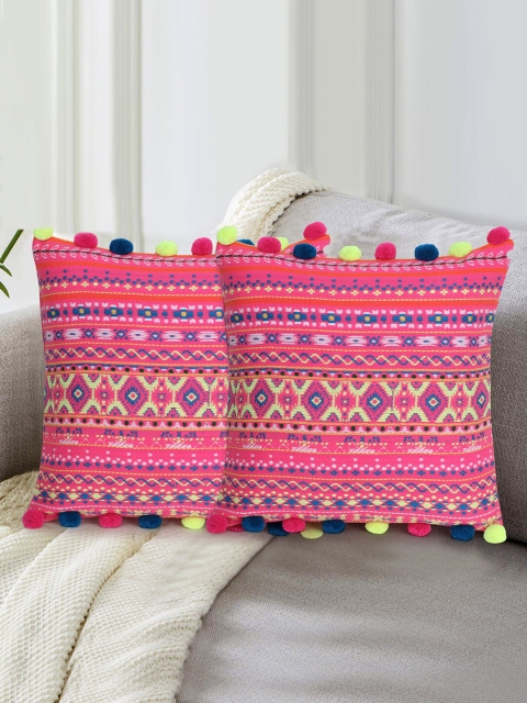 

Mezposh Pink & White Set of 2 Ethnic Motifs Square Cushion Covers