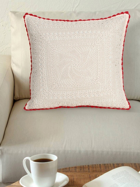 

Mezposh Cream-Coloured & Red Set of Single Embroidered Square Cushion Covers