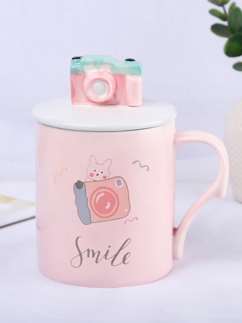 

Bigsmall Pink & Grey Printed Ceramic Mug with 3D Lid & Spoon