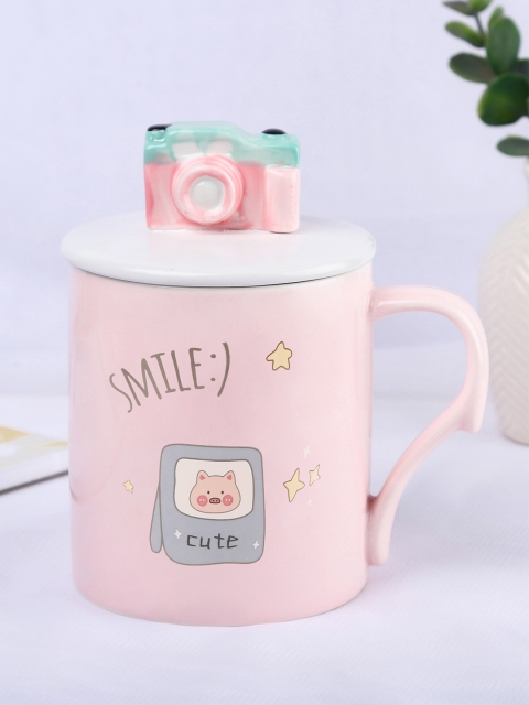 

Bigsmall Pink & White Printed Ceramic Mug with 3D Camera Lid & Spoon