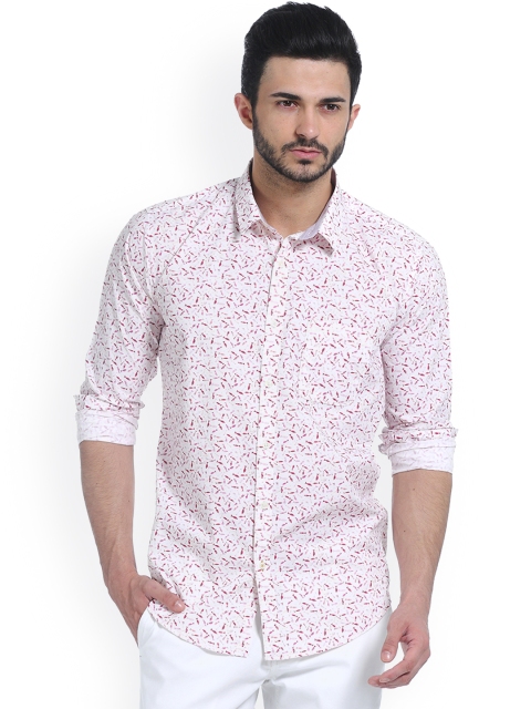 

Basics White & Purple Printed Slim Fit Casual Shirt