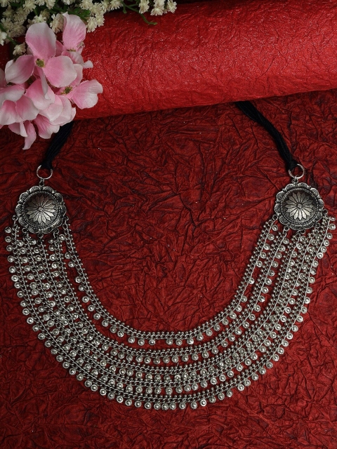 

Moedbuille Silver-Toned & Black Brass Silver-Plated Layered Necklace