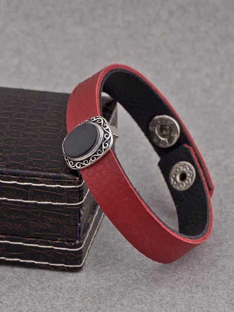 

Dare by Voylla Men Rust Red Leather Silver-Plated Wraparound Bracelet