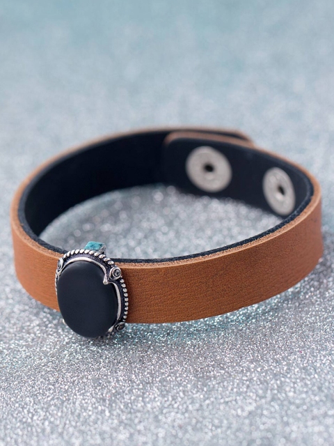 

Dare by Voylla Men Brown Leather Silver-Plated Wraparound Bracelet