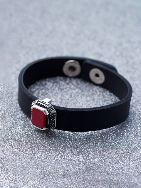 

Dare by Voylla Men Silver-Plated & Red Leather Wraparound Bracelet