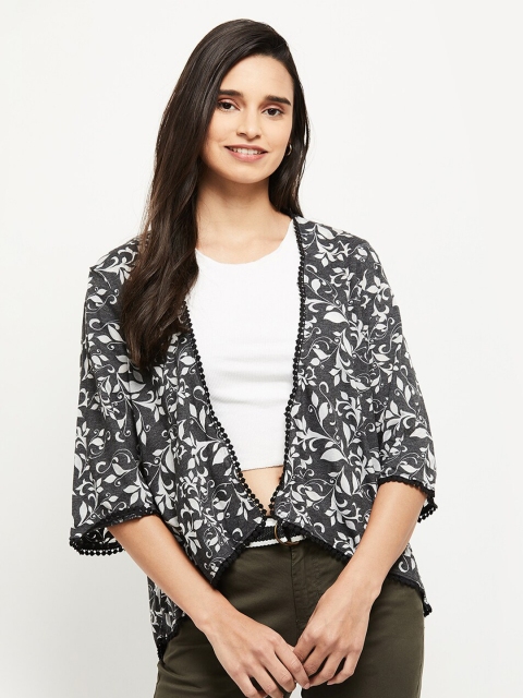 

max Women Grey & White Floral Printed Open Front Shrug