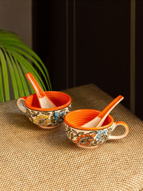 

ExclusiveLane Set of 2 Orange Hand-Painted Ceramic Soup Bowls with Spoons