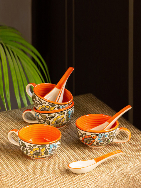 

ExclusiveLane Set of 4 Cream-Coloured & Orange Hand-Painted Ceramic Soup Bowls with Spoon