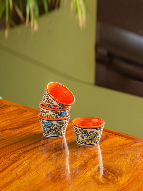 

ExclusiveLane Off-White & Orange Set Of 4 Hand-painted Ceramic Chutney & Dip Bowls