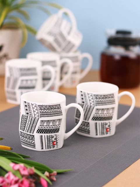 

CLAY CRAFT White & Black Printed Ceramic Cups Set of 6