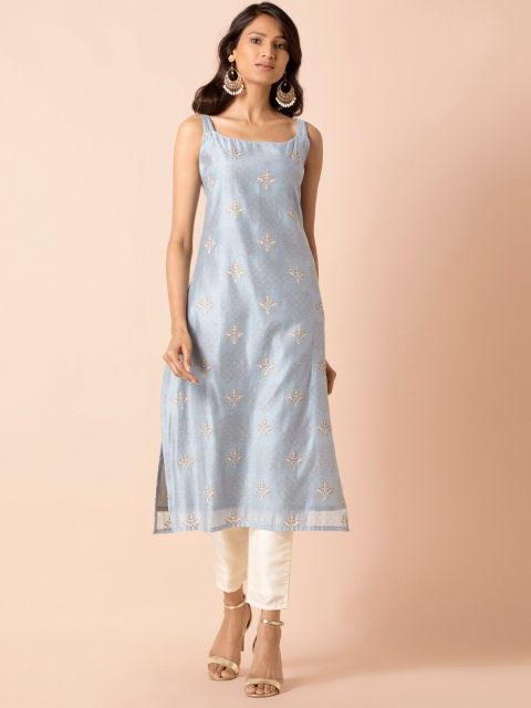 

INDYA Women Blue & Gold Floral Foil Print Tunic