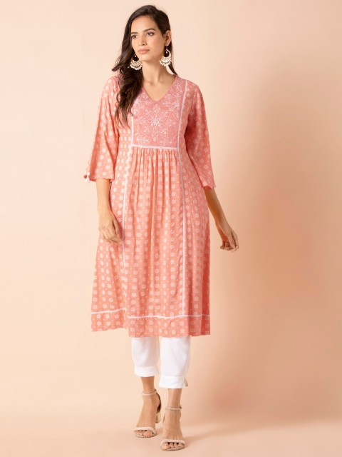 

INDYA Women Peach-Coloured & White Floral Embroidered Thread Work Kurta