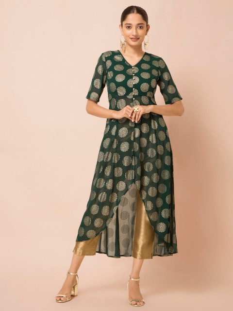 

INDYA Women Green & Gold-Toned Printed Tunic