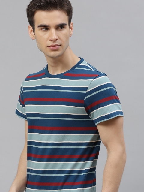 

Roadster Men Blue & Red Cotton Striped Round Neck T-shirt