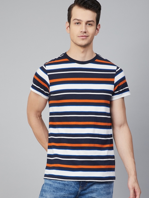 

Roadster Men White & Navy Blue Pure Cotton Striped Round Neck T-shirt