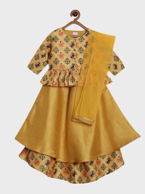 

Aomi Girls Gold-Toned & Yellow Printed Ready to Wear Lehenga & Blouse with Dupatta