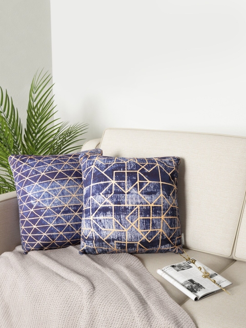 

PETAL HOME Navy Blue & Gold-Toned Set of 2 Geometric Square Cushion Covers