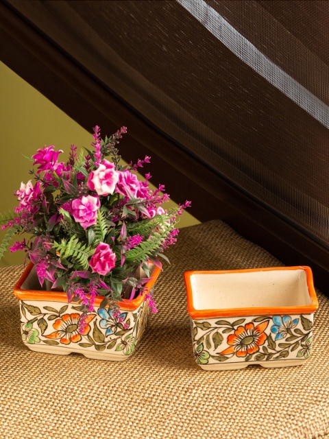

ExclusiveLane Set Of 2 Beige & Orange Hand-painted Ceramic Planter Pots