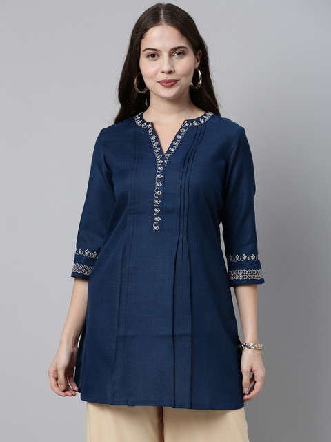 

ETIQUETTE Women Navy Blue Thread Work Kurta With Pleated Detail